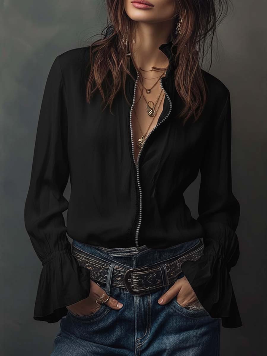 Ladies' White Shirt with Zipper Closure and Ruffled Sleeves