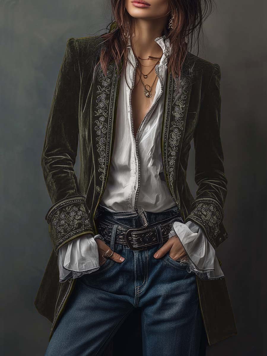 Dames Lange Fluwelen Jas met Borduursels