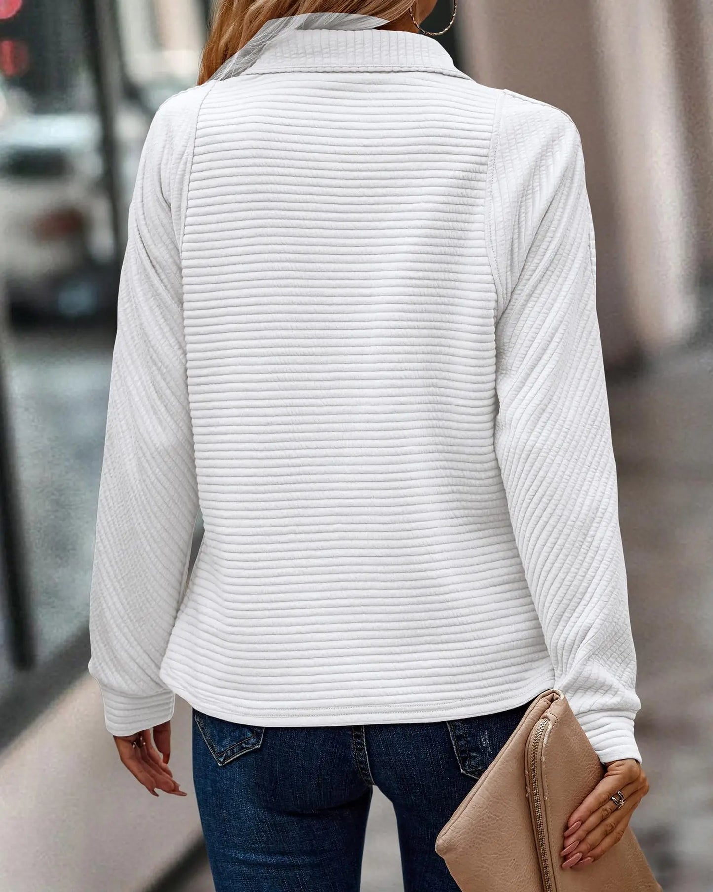 Women's Knitted Sweater - Ribbed with Half-Zip and Stand-Up Collar