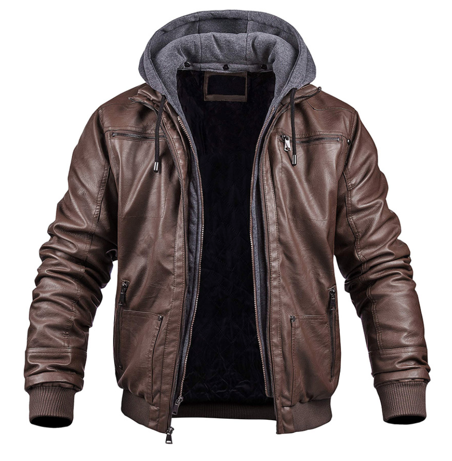 Leather Winter Jacket with Hood for Men
