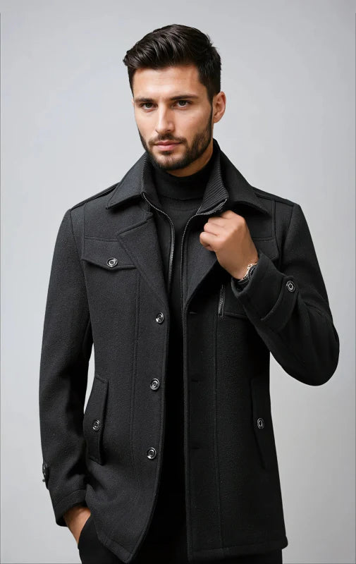 Men's wool trench coat with detachable inner collar