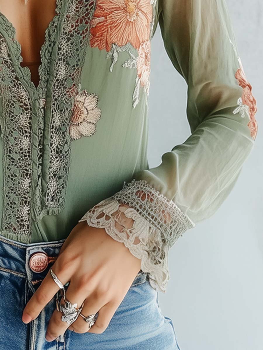 Boho Blouse met Kant en Bloemenprint – Lichtgewicht & Elegant