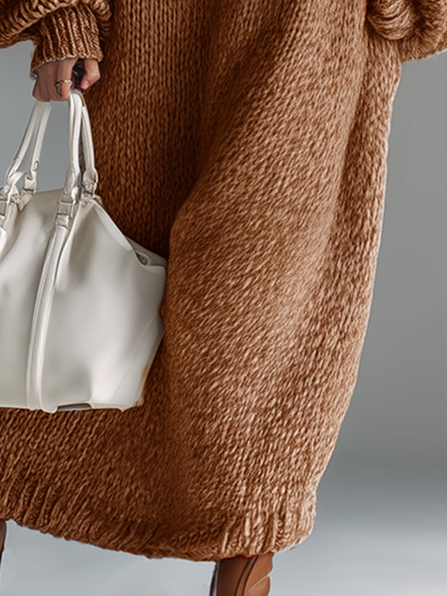 Ladies' Knitted Long Dress with Round Neck in Speckled Khaki