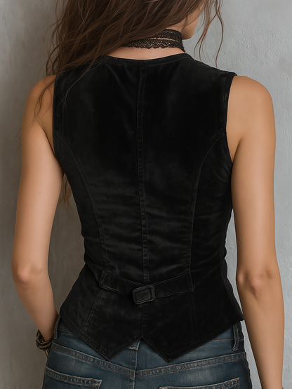 Vintage Round V-Neck Velvet Vest-Vest-Myna Mode-Black-XS-Myna Mode