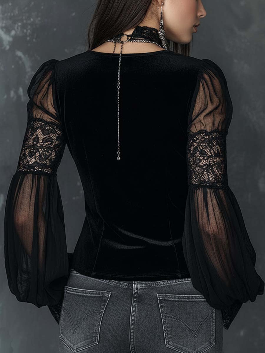Veloura – Dames Fluwelen Blouse met Henley Hals, Kant en Transparante Mouwen