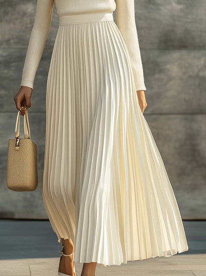 Ladies Cream Maxi Dress with Knitted Top and Pleated Satin Hem