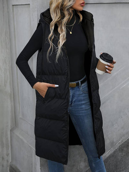 Women's Long Bodywarmer with Hood and Zipper