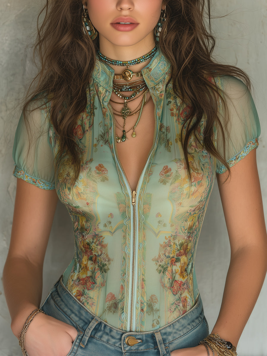 Rosalie – Dames Chiffon Blouse met Retro Print en Slim Fit Pasvorm-Dameskleding – Blouse-Myna Mode-Saliegroen-XS-Myna Mode
