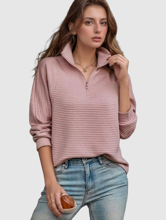 Dames Gebreide Trui - Geribd met Half-Rits en Opstaande Kraag