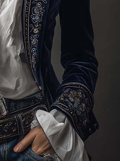 Dames Lange Fluwelen Jas met Borduursels