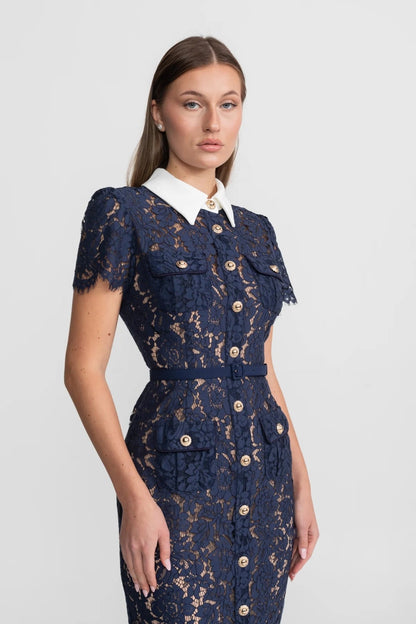 Ladies' Mid-Length Dress of Floral Lace with Collar and Waist Belt – Navy Blue