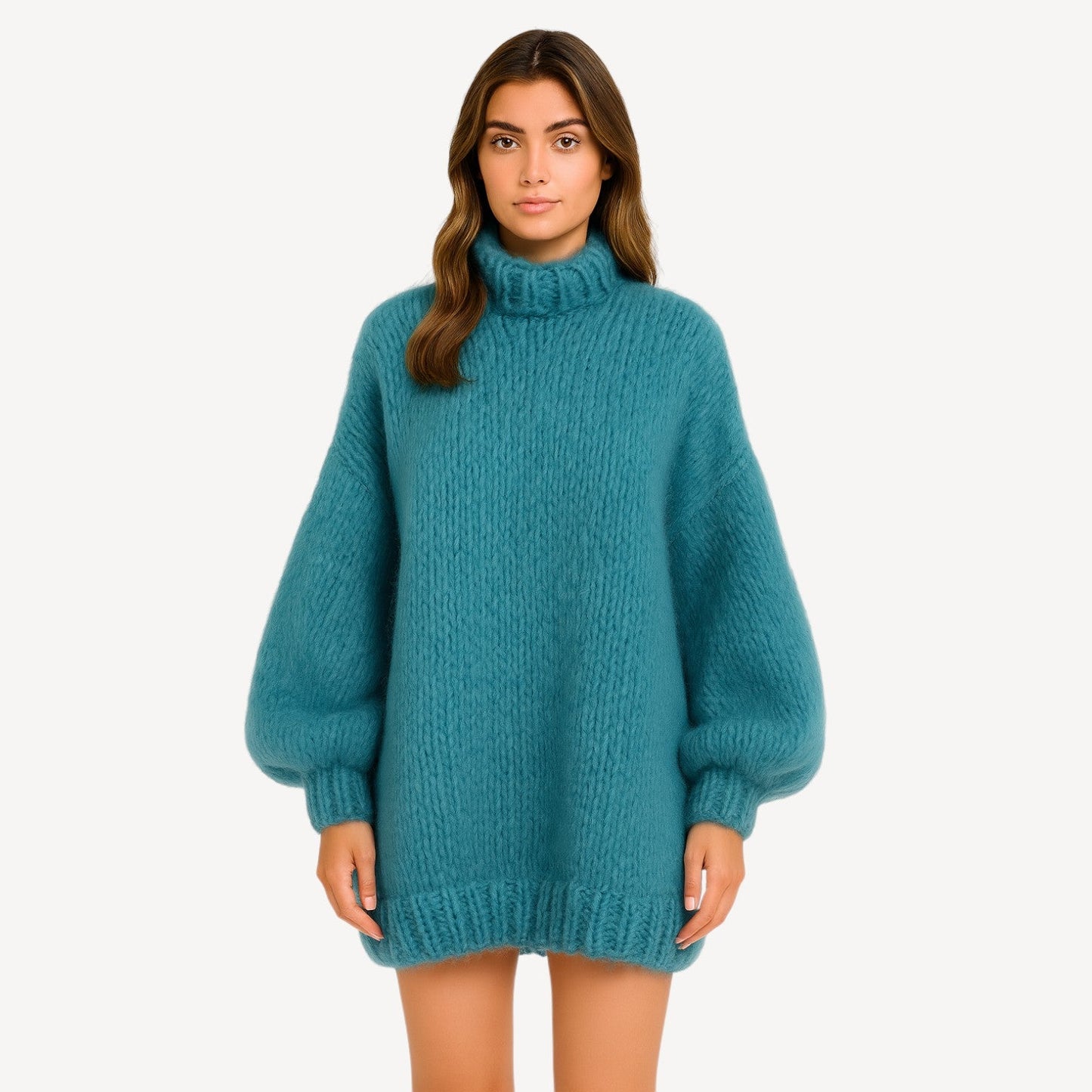 Davies – Übergroßer gestrickter Damenpullover mit hohem Kragen und Ballonärmeln