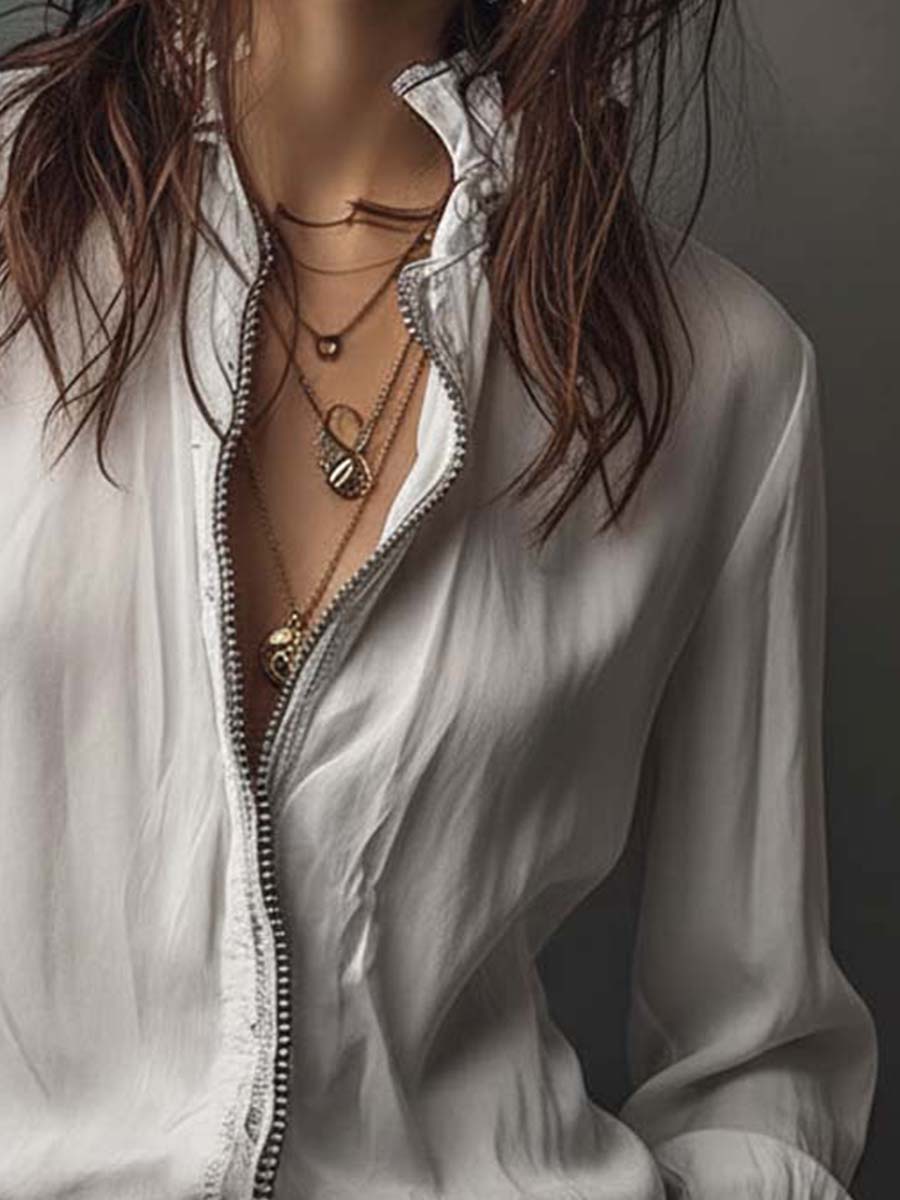 Ladies' White Shirt with Zipper Closure and Ruffled Sleeves