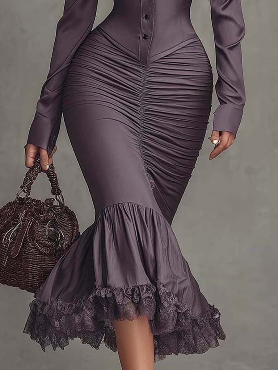 Dusty Mauve Midi Jurk met Kant en Ruches voor Dames
