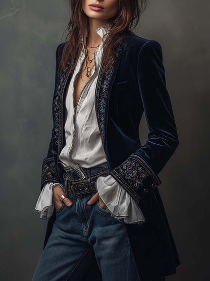 Dames Lange Fluwelen Jas met Borduursels