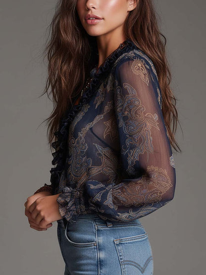 Dames Chiffon Blouse met Paisley Print en Volants – Ritsdetail