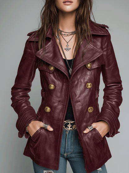 Ladies' Double-Breasted Faux Leather Coat – Old-Fashioned Style