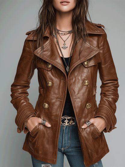 Ladies' Double-Breasted Faux Leather Coat – Old-Fashioned Style