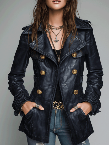 Ladies' Double-Breasted Faux Leather Coat – Old-Fashioned Style