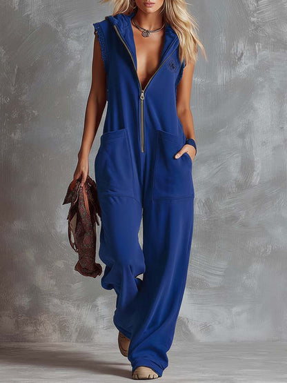 Dames Sportieve Katoenen Jumpsuit met Capuchon en Rits – Framboosrood