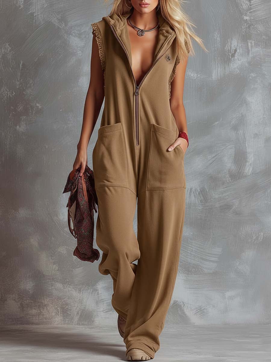 Dames Sportieve Katoenen Jumpsuit met Capuchon en Rits – Framboosrood