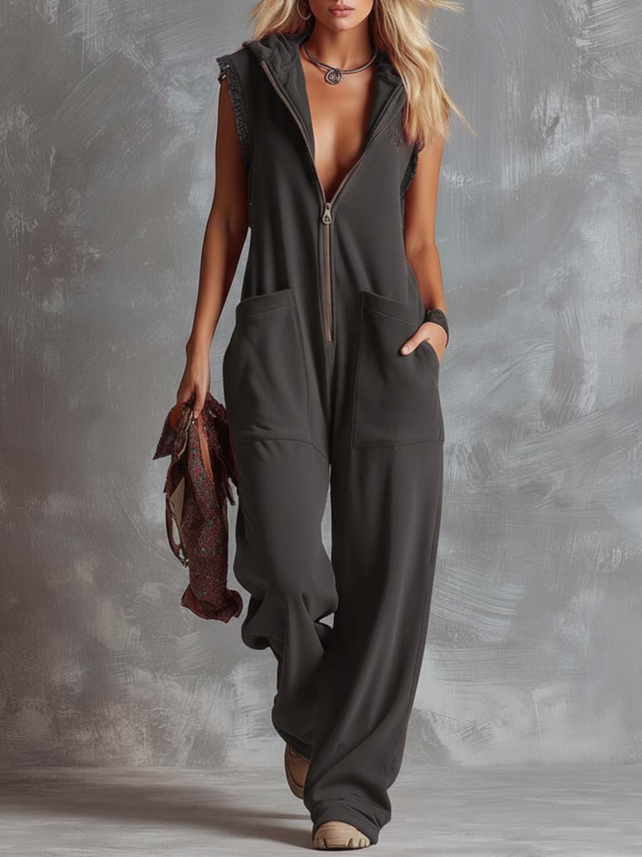 Dames Sportieve Katoenen Jumpsuit met Capuchon en Rits – Framboosrood