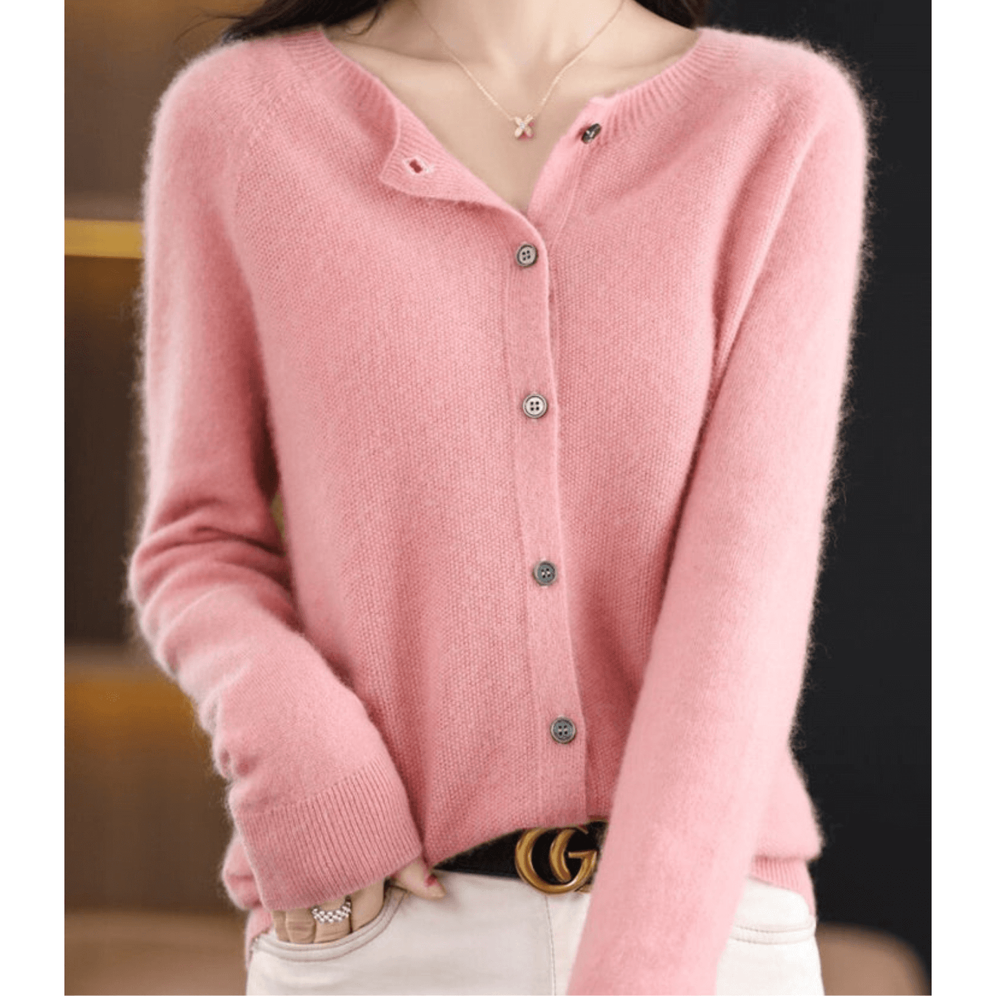 Ladies Fine Knit Cardigan with Round Neck – Woolly Look