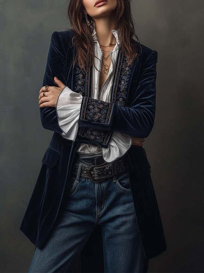 Dames Lange Fluwelen Jas met Borduursels