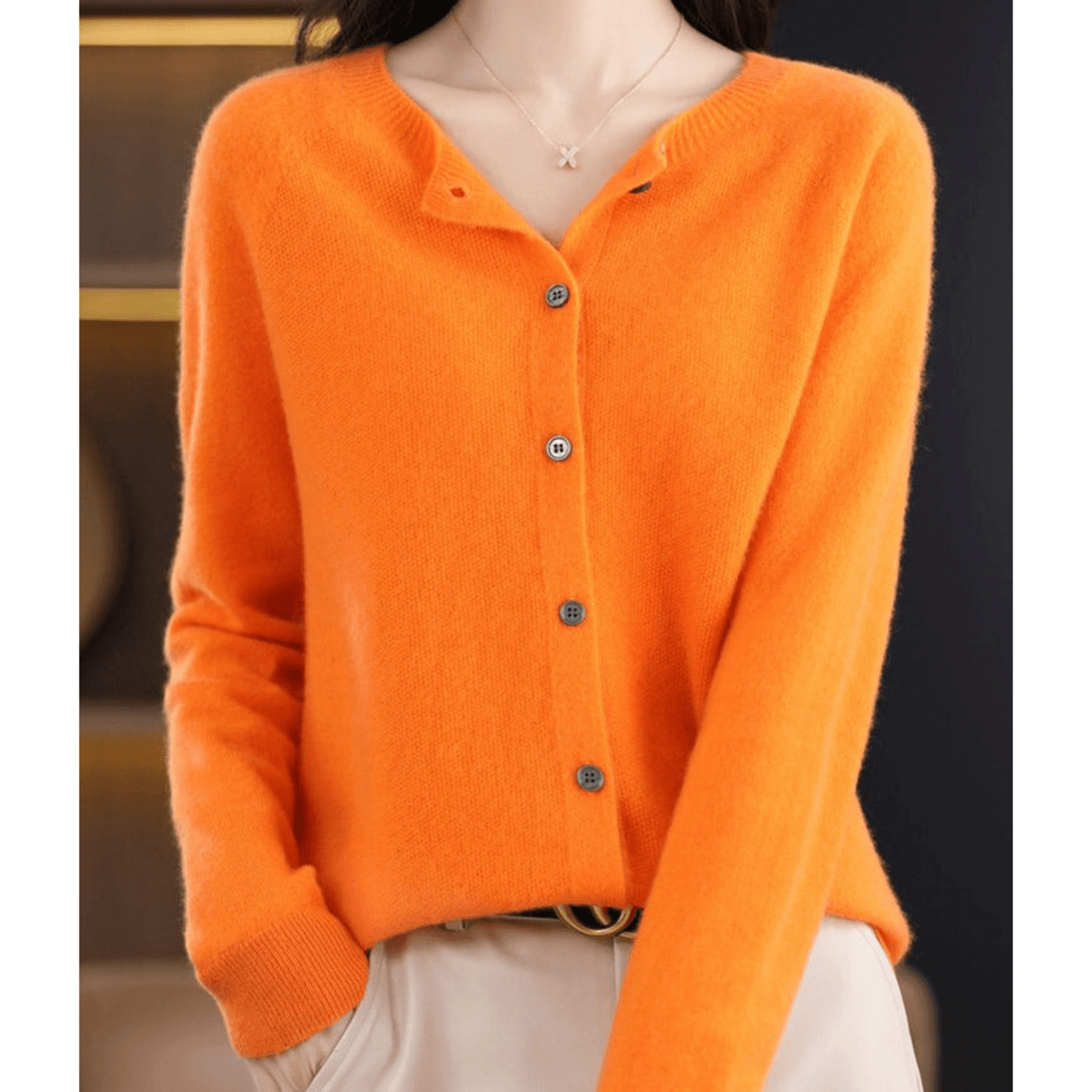 Ladies Fine Knit Cardigan with Round Neck – Woolly Look