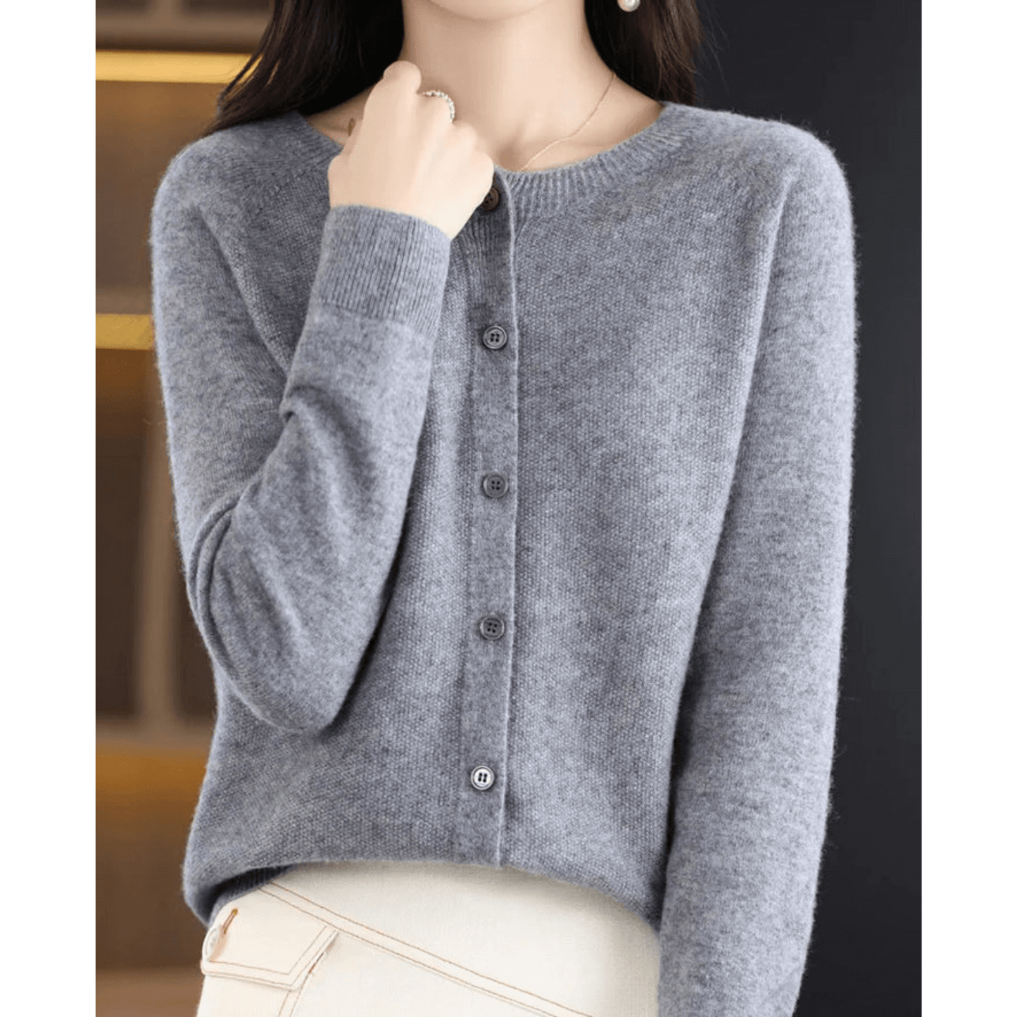 Ladies Fine Knit Cardigan with Round Neck – Woolly Look
