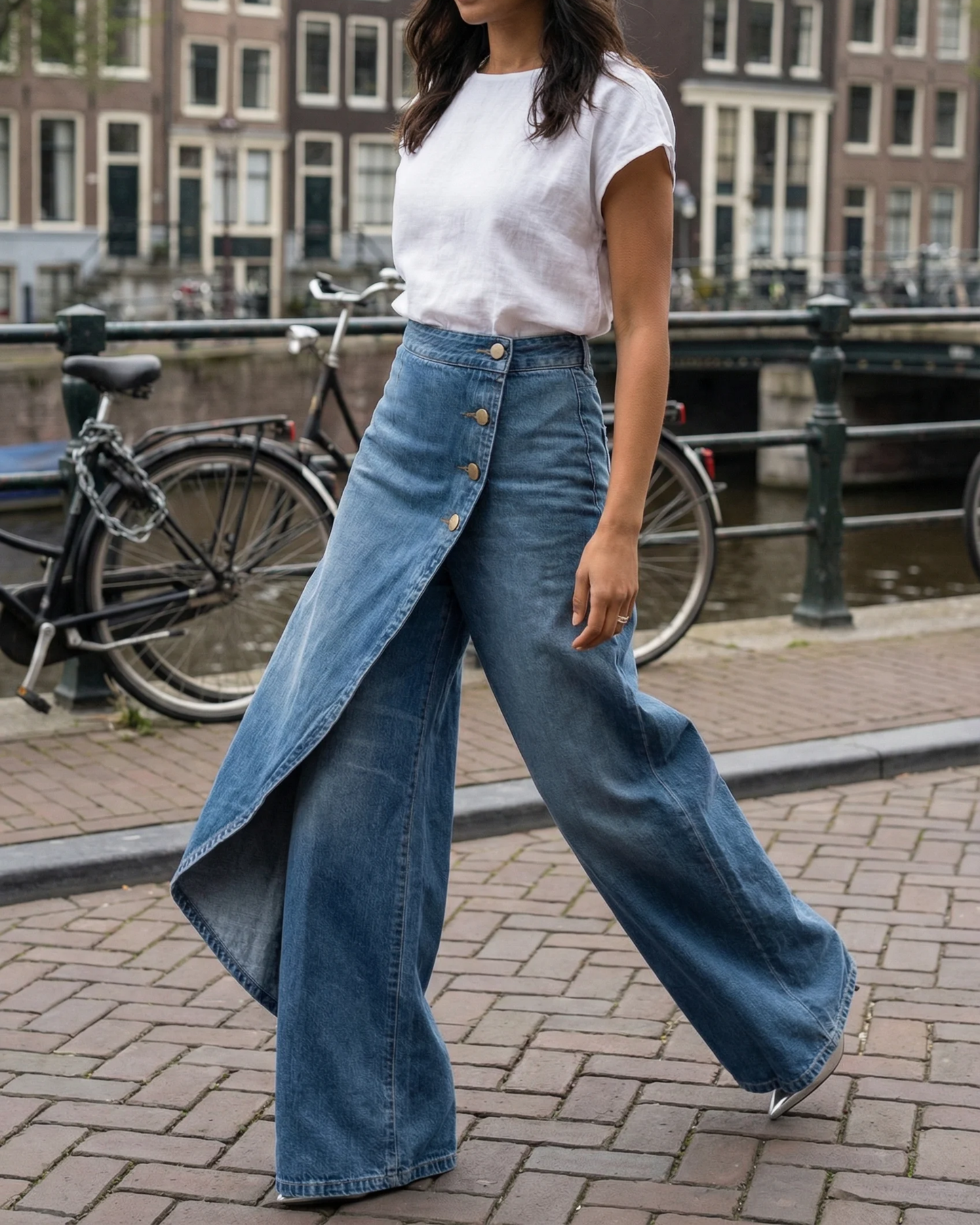 Dames Denim Rok Broek Wide Leg – Asymmetrische Jeans Broek Rok High Waist