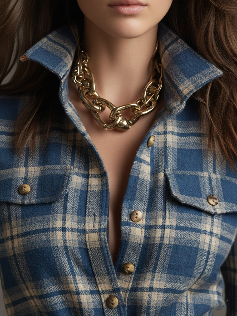 Damen Maxikleid mit Reverskragen und rotbraunem Karomuster inklusive Gürtel