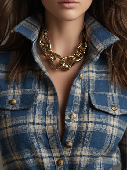 Damen Maxikleid mit Reverskragen und rotbraunem Karomuster inklusive Gürtel