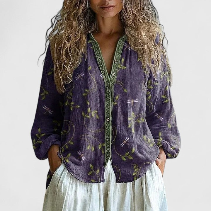 Lunara | Bohemian Blouse met Libelle Print voor Dames-Dameskleding > Tops & Blouses > Bohemian Blouses-Myna Mode-Paars-S-Myna Mode