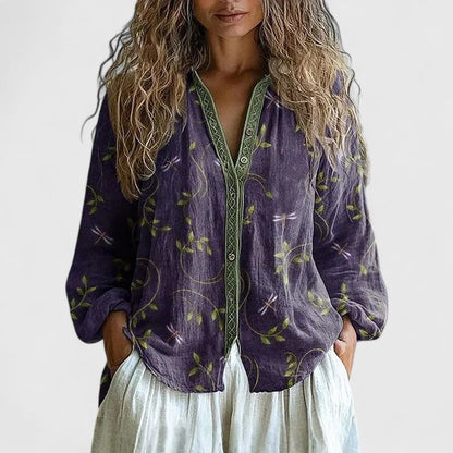 Lunara | Bohemian Blouse met Libelle Print voor Dames-Dameskleding > Tops & Blouses > Bohemian Blouses-Myna Mode-Paars-S-Myna Mode