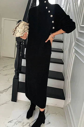 Dames Asymmetrische Jurk met Lange Mouwen en Knopen