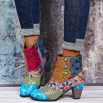 Women's Patchwork Ankle Boots with Heel - Colorful and Trendy