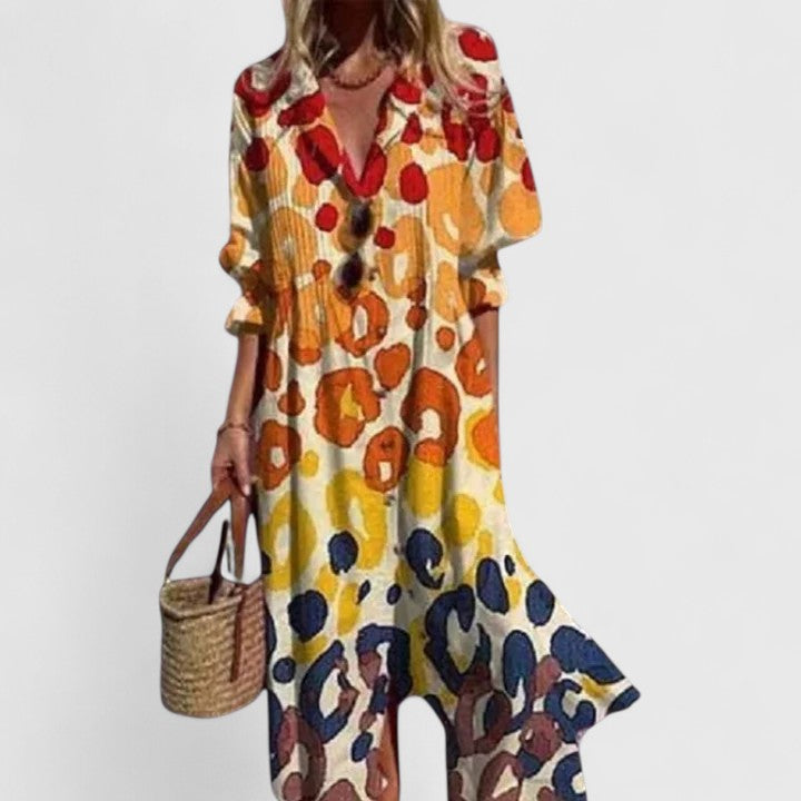 Dames Maxi Shirtjurk | Bloemenprint & Relaxed Pasvorm-Kleding – Dames – Jurken – Shirtjurken-Myna Mode-Geel-S-Myna Mode