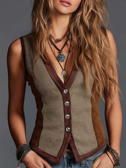 Solenne – Women's Suede Vest with Patchwork and Bohemian Style