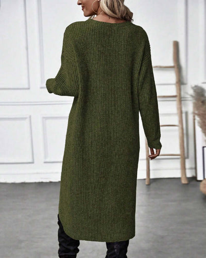 Women's Knitted Sweater Dress with Patchwork and Long Sleeves