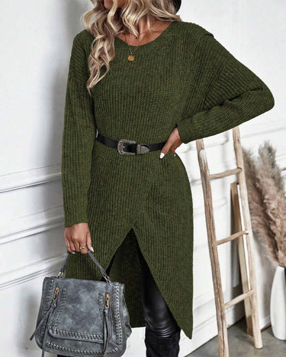 Women's Knitted Sweater Dress with Patchwork and Long Sleeves