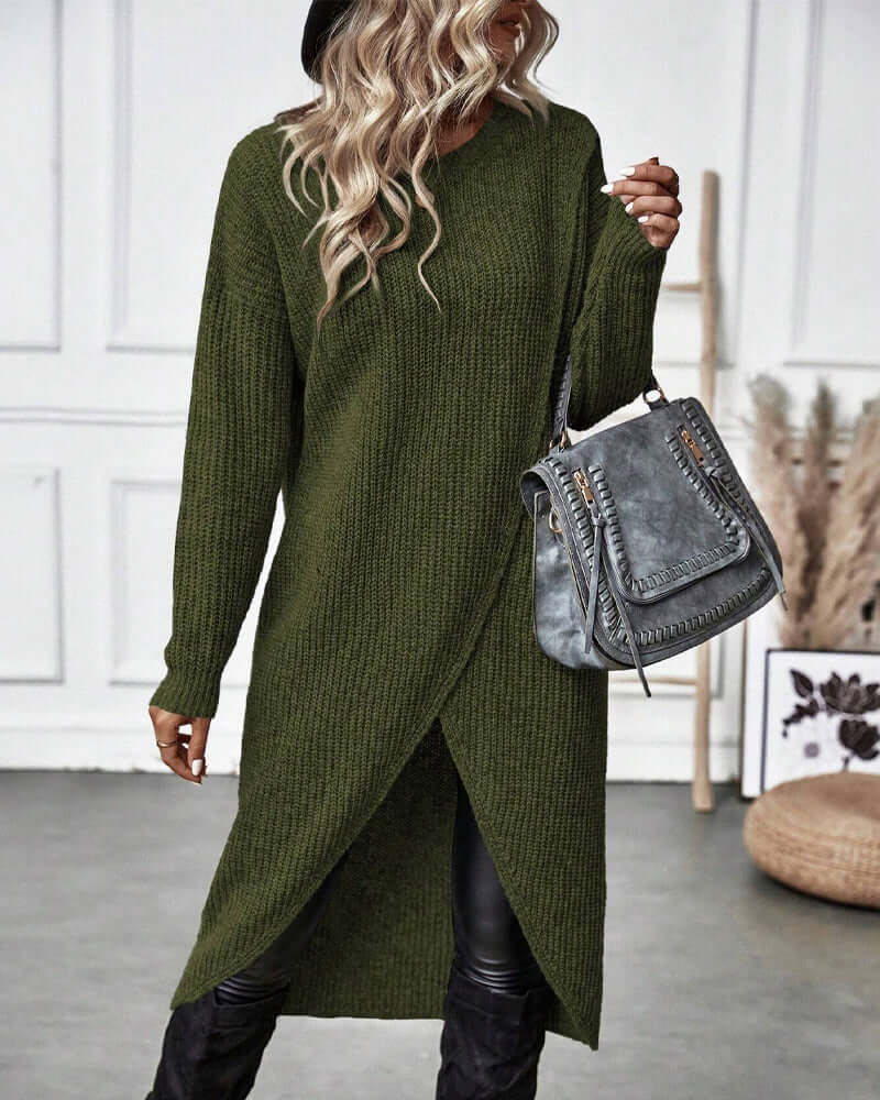 Women's Knitted Sweater Dress with Patchwork and Long Sleeves