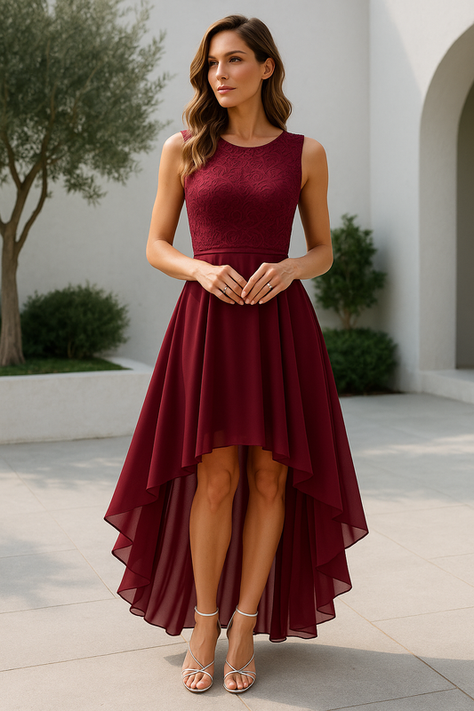 Celeste | Elegante High Low Jurk voor Bruiloften en Feesten-Dameskleding > Jurken > Elegante High Low Jurken-Myna Mode-Bourgondië-XS-Myna Mode
