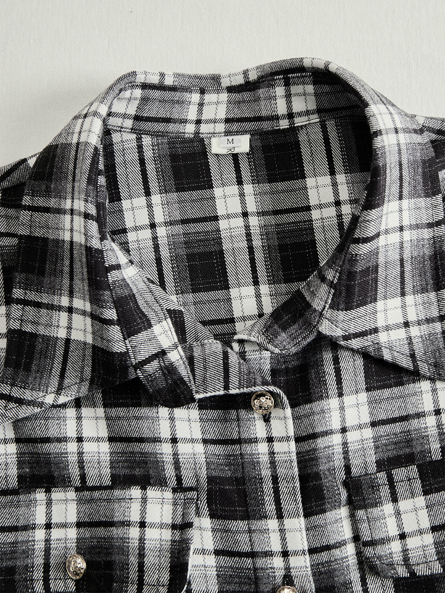 Damen Maxikleid mit Reverskragen und rotbraunem Karomuster inklusive Gürtel