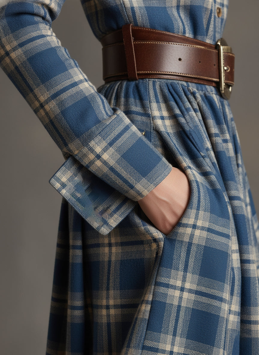 Damen Maxikleid mit Reverskragen und rotbraunem Karomuster inklusive Gürtel