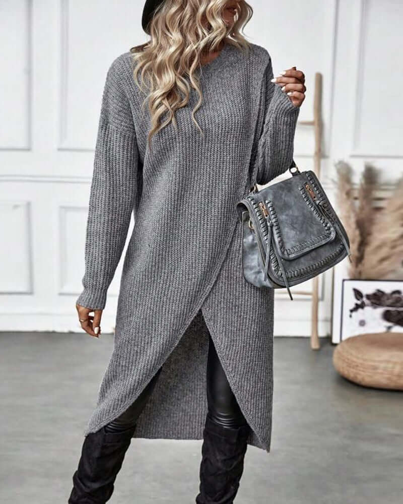 Women's Knitted Sweater Dress with Patchwork and Long Sleeves