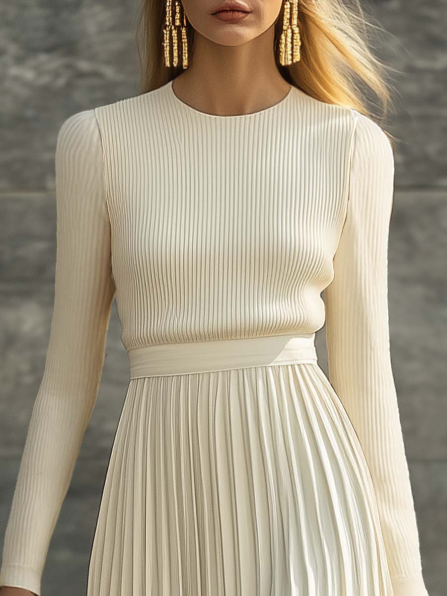 Ladies Cream Maxi Dress with Knitted Top and Pleated Satin Hem