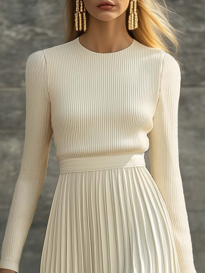 Ladies Cream Maxi Dress with Knitted Top and Pleated Satin Hem