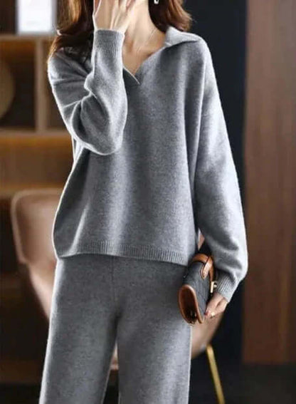 Women's Oversized Two-Piece Set – Sweater with Polo Collar and Straight Pants