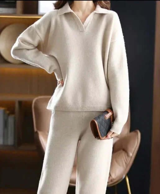 Women's Oversized Two-Piece Set – Sweater with Polo Collar and Straight Pants